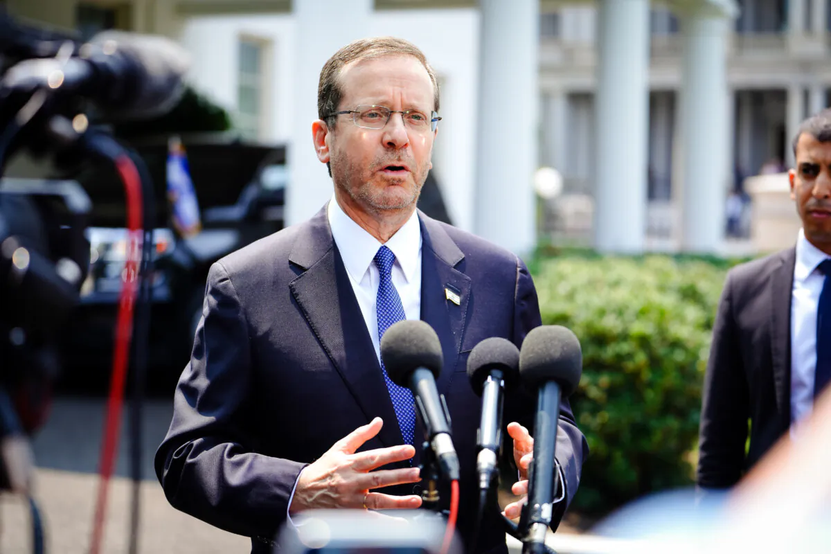 Israeli President Isaac Herzog speaks to reporters about his meeting with U.S. President Joe Biden at the White House in Washington on July 18, 2023. (Madalina Vasiliu/The Epoch Times)