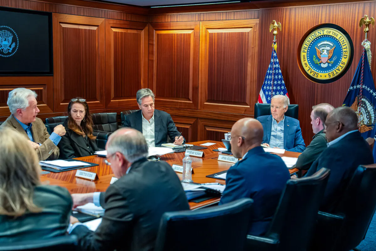 President Joe Biden meets with members of the National Security team regarding the unfolding missile attacks on Israel by Iran, in the White House Situation Room in Washington on April 13, 2024. (Adam Schultz/The White House via Getty Images)