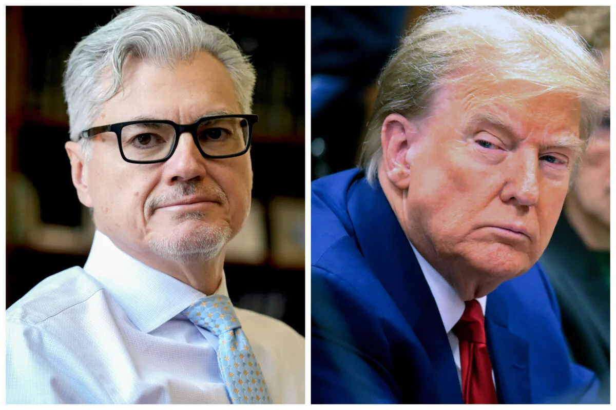 (Left) Judge Juan M. Merchan poses in his chambers in New York on March 14, 2024. (Right) Former President Donald Trump at Manhattan Criminal Court in New York City on March 25, 2024. (Seth Wenig/AP Photo; Spencer Platt/AFP via Getty Images)