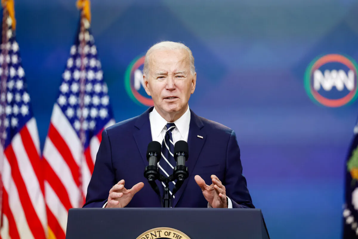 President Joe Biden gives remarks virtually to the National Action Network Convention from the South Court Auditorium in the Eisenhower Executive Office Building on the White House campus in Washington, on April 12, 2024. (Anna Moneymaker/Getty Images)
