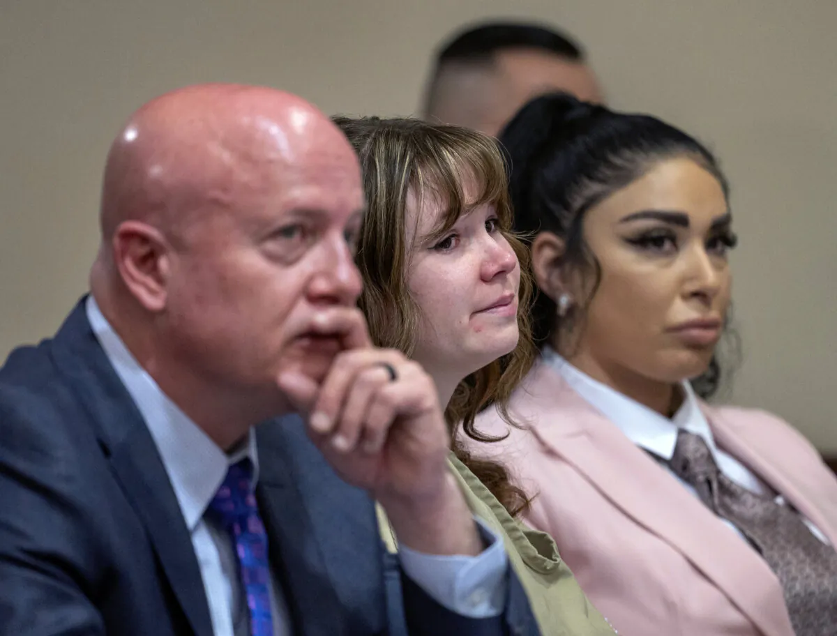 Hannah Gutierrez Reed (C) with her attorney Jason Bowles and paralegal Carmella Sisneros during her sentencing hearing in state district court in Santa Fe, N.M., on April 15, 2024. (Eddie Moore/The Albuquerque Journal via AP, Pool)