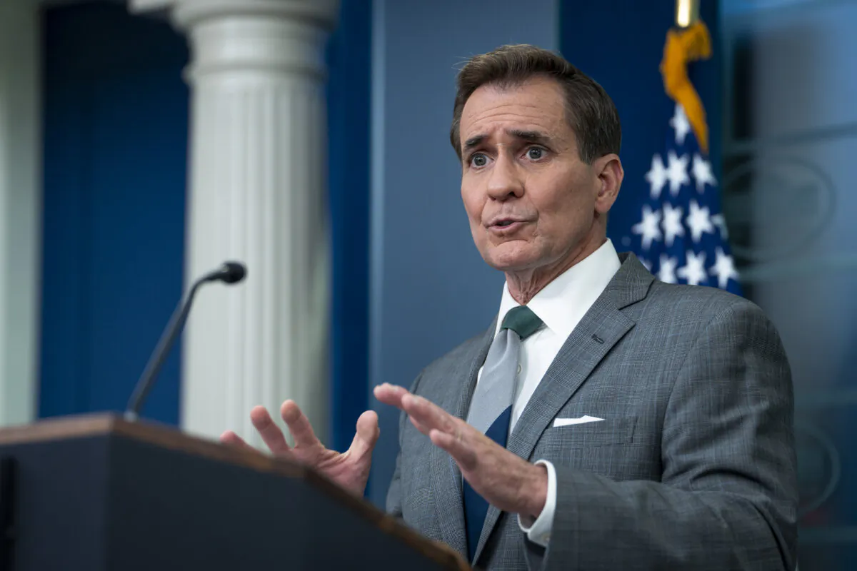 White House national security spokesman John Kirby talks to reporters during a briefing at the White House on April 15, 2024. (Madalina Vasiliu/The Epoch Times)