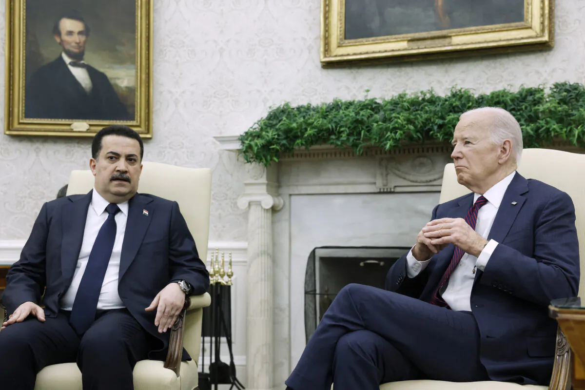 Iraqi Prime Minister Mohammed Shia al-Sudani speaks alongside U.S. President Joe Biden in the Oval Office on April 15, 2024, in Washington. (Anna Moneymaker/Getty Images)