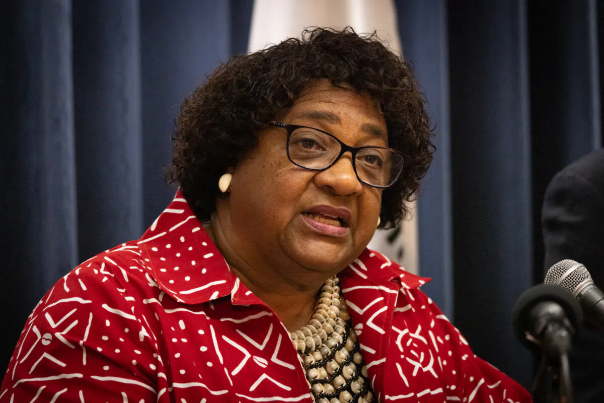 California's Secretary of State Shirley Weber speaks in Los Angeles, Calif., on April 15, 2024. (John Fredricks/The Epoch Times)