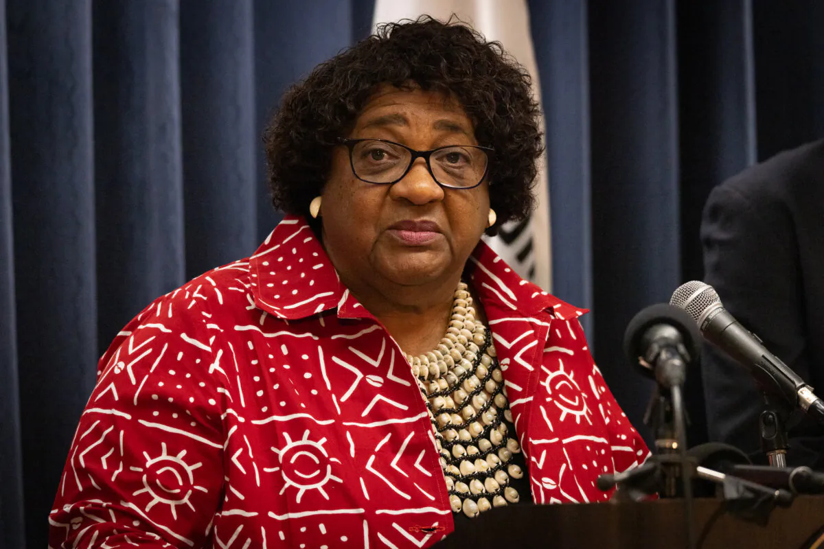 California Secretary of State Shirley Weber speaks in Los Angeles on April 15, 2024. (John Fredricks/The Epoch Times)