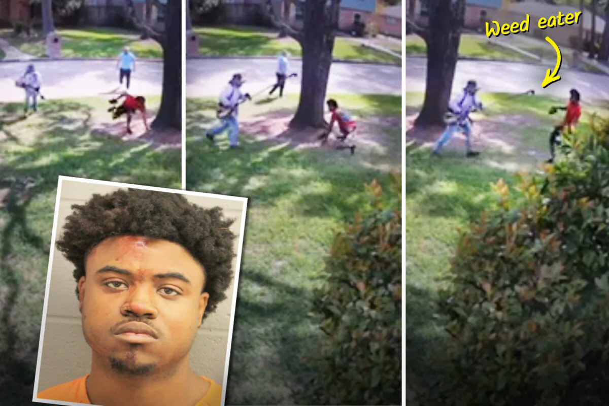 A lawncare worker with a weed eater confronts a suspect who allegedly stole several hundred dollars' worth of equipment on March 30; (Inset) Jerell Alexander, 24, was charged with aggravated robbery with a deadly weapon. (Courtesy of Harris County Precinct 4 Constable’s Office)