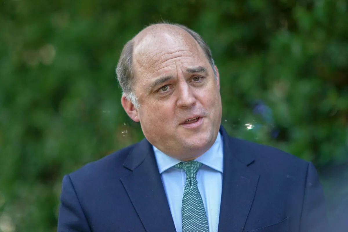 Then-Defence Secretary Ben Wallace speaks to the media after he joined Conservative leadership hopeful Liz Truss during a visit to the Reliance Precision engineering company in Huddersfield, England, on Aug. 9, 2022. (Ian Forsyth - Pool/Getty Images)