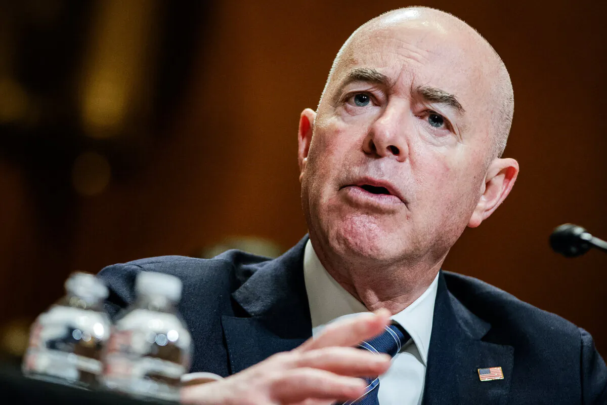 U.S. Secretary of Homeland Security Alejandro Mayorkas at the U.S. Capitol, on April 10, 2024. (Samuel Corum/Getty Images)