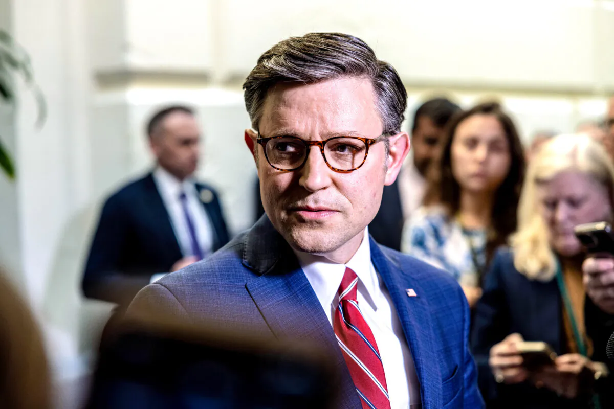 House Speaker Mike Johnson (R-La.) speaks to the press following a House Conference meeting to discuss Iran's attack on Israel, at the U.S. Capitol in Washington on April 15, 2024. (Anna Rose Layden/Getty Images)