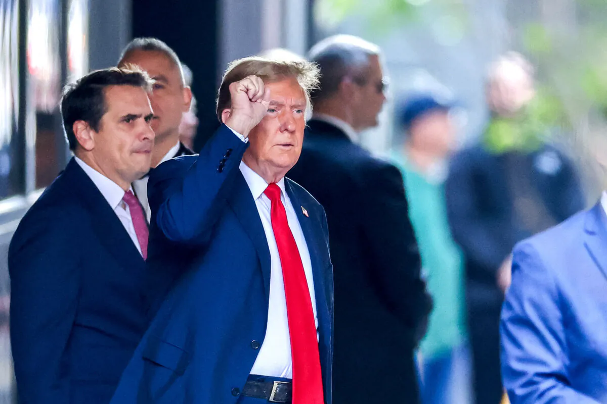 Former President Donald Trump departs Trump Tower for Manhattan Criminal Court in New York on April 15, 2024. (Charly Triballeau/AFP via Getty Images)