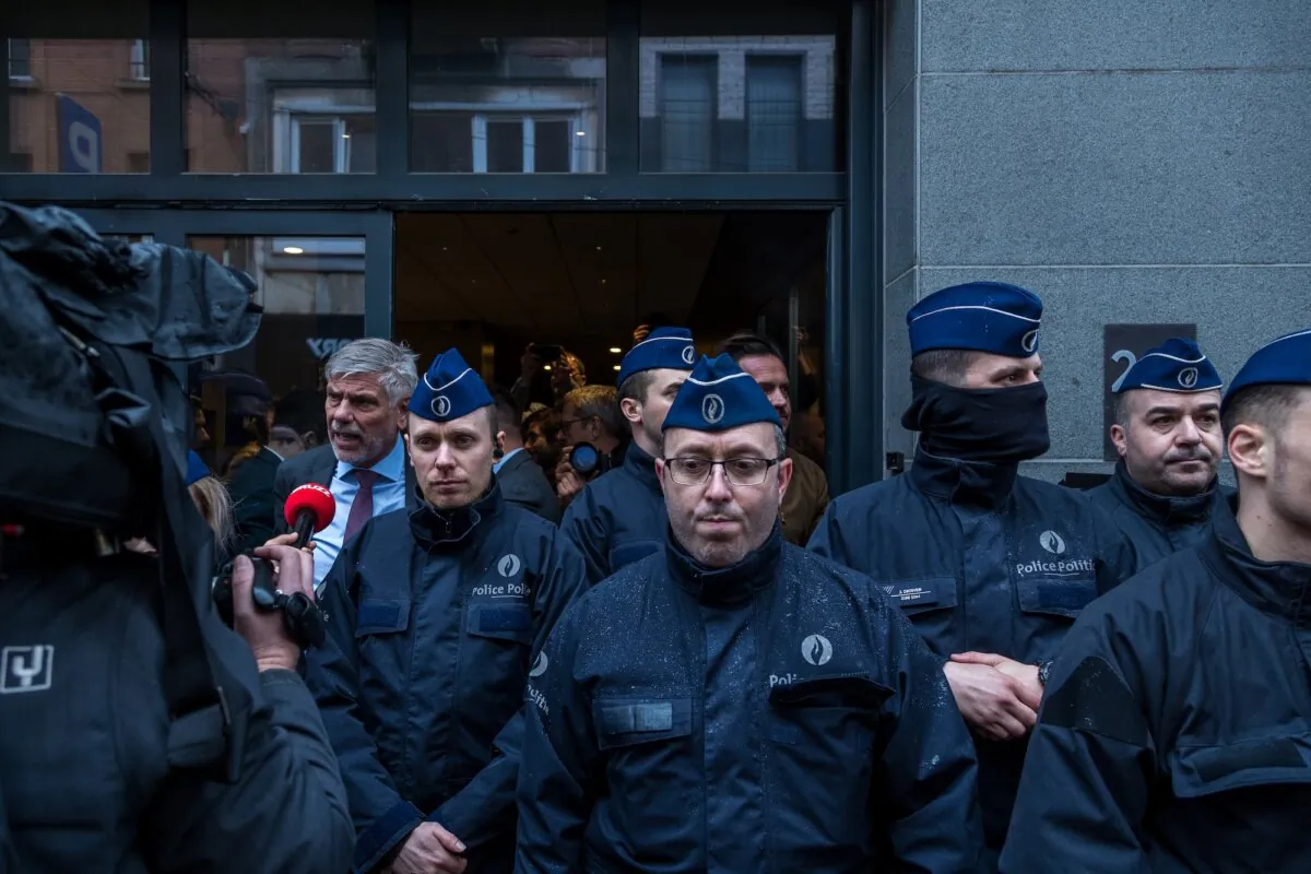 Belgian police seal off the entrance to the venue, not allowing anyone to enter on Day 1 of the National Conservatism Conference at the Claridge in Brussels, Belgium, on April 16, 2024. (Omar Havana/Getty Images)
