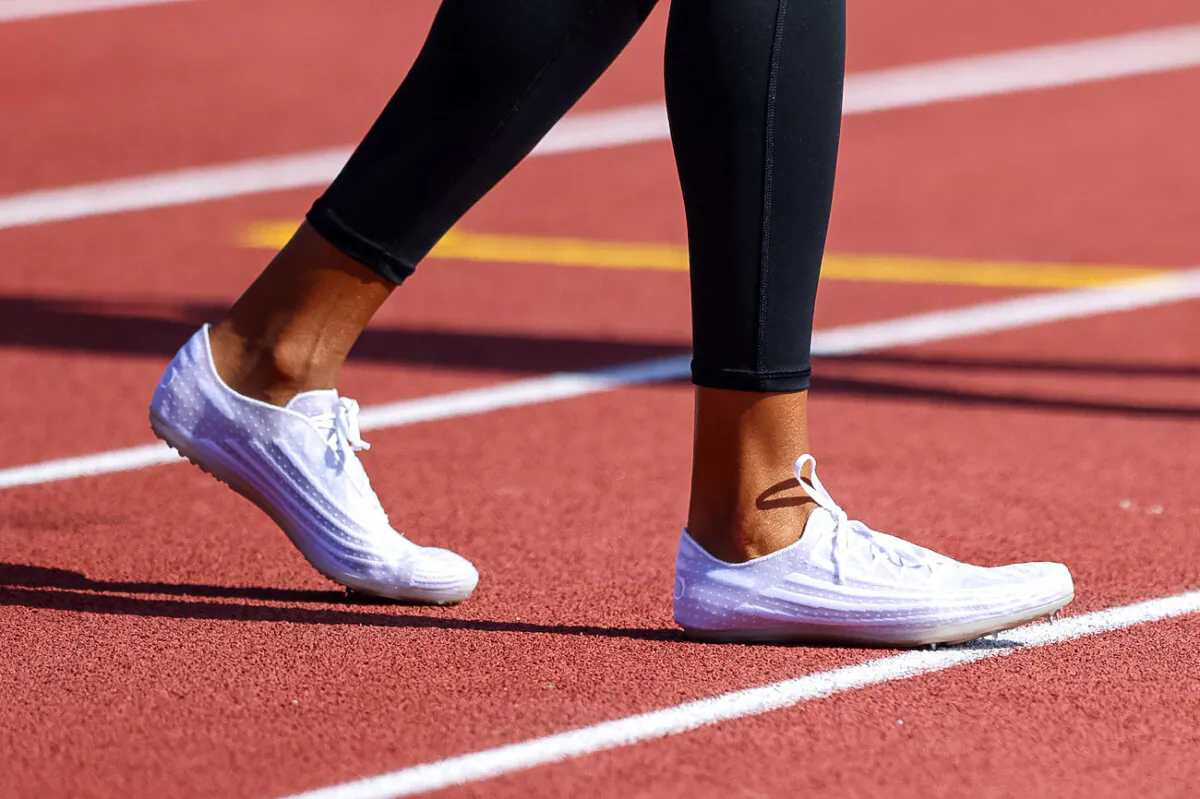 Shoes worn by an athlete at a U.S. high school on May 7, 2022. (Katharine Lotze/Getty Images)