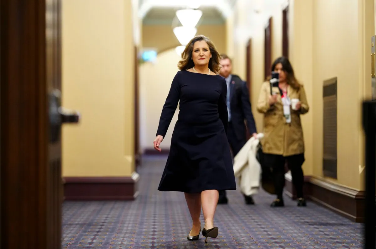 Deputy Prime Minister and Minister of Finance Chrystia Freeland arrives to a cabinet meeting on Parliament Hill in Ottawa on April 16, 2024. (The Canadian Press/Sean Kilpatrick)