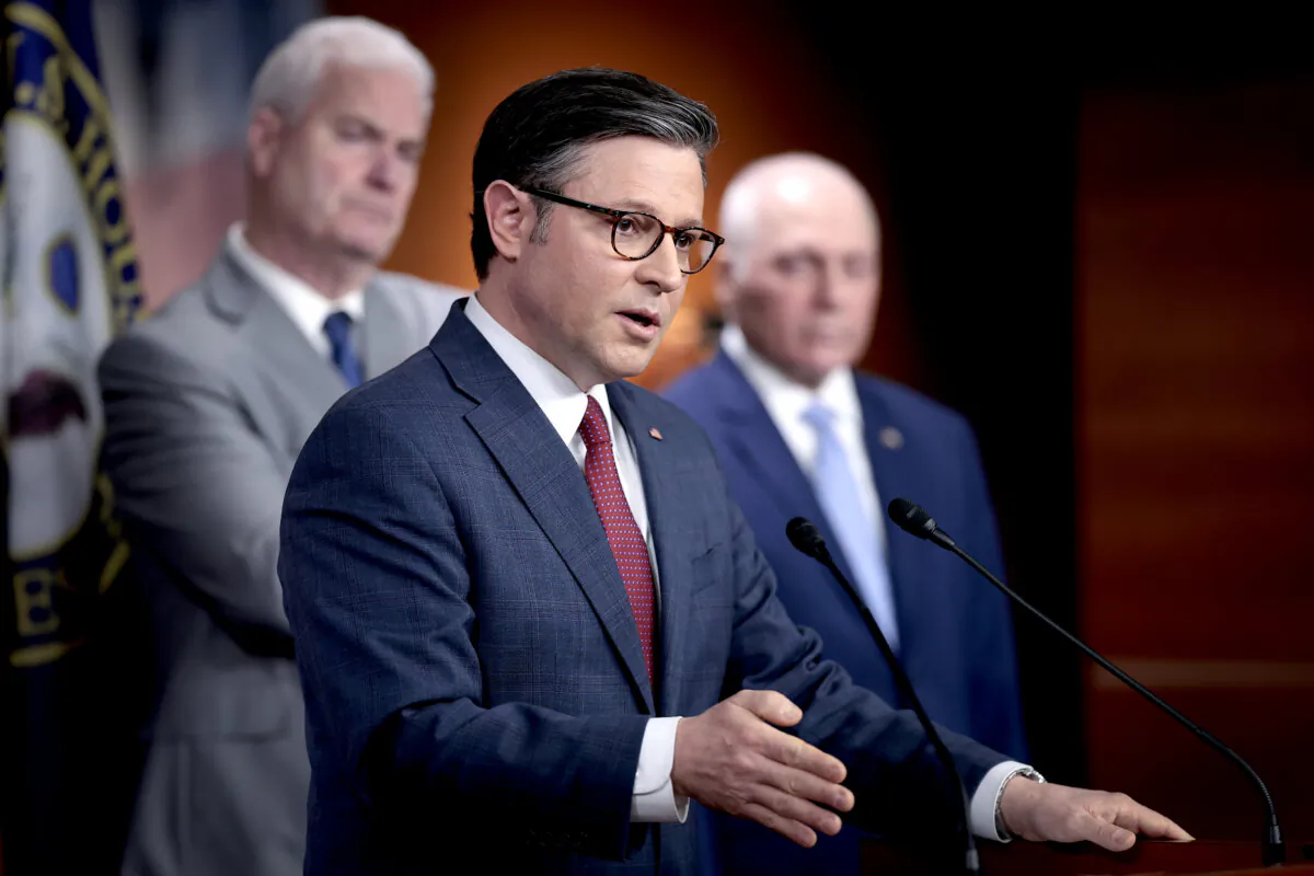 House Speaker Mike Johnson (R-La.) speaks during a press conference at the U.S. Capitol in Washington on April 16, 2024. (Win McNamee/Getty Images)