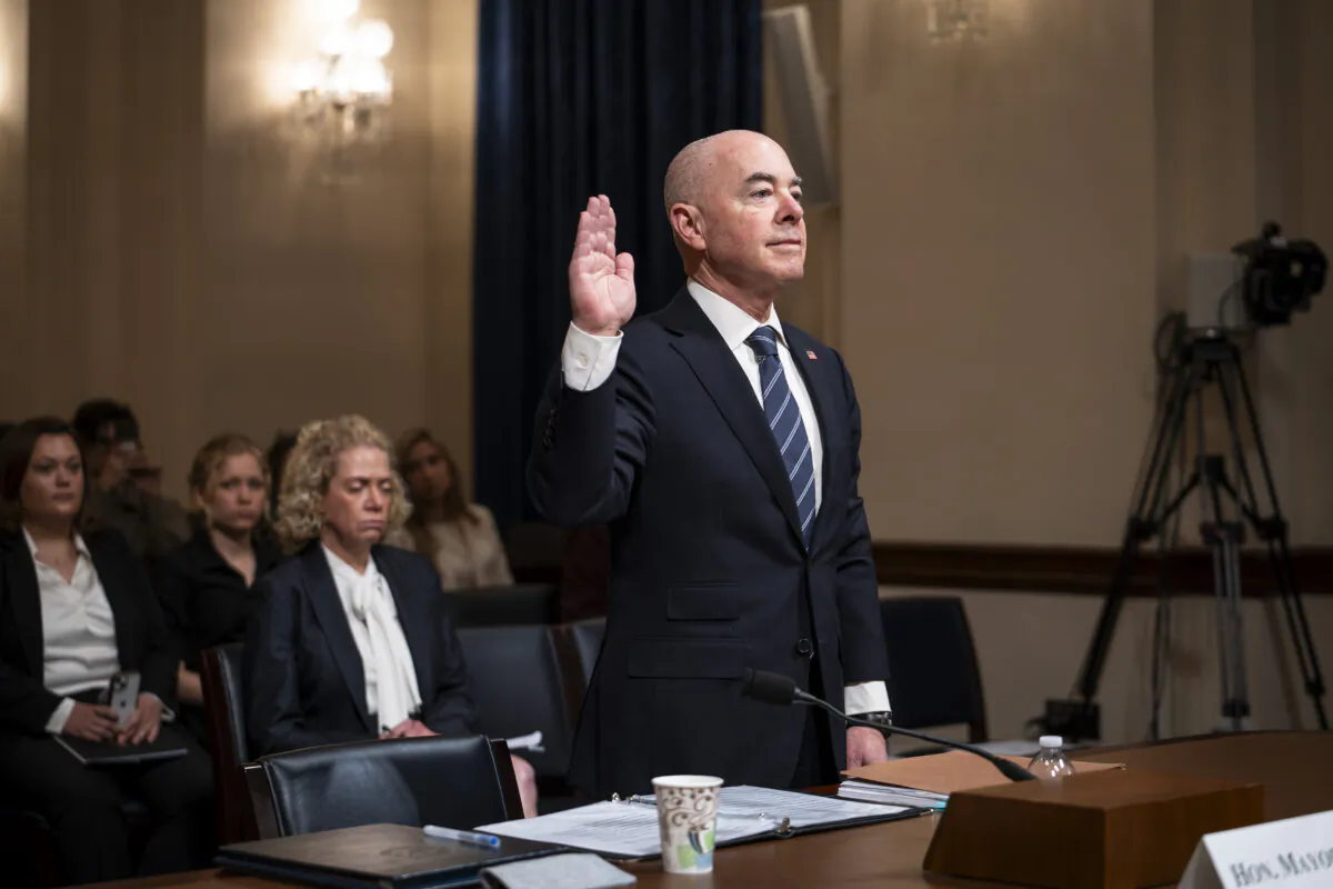 Secretary of the Department of Homeland Security (DHS) Alejandro Mayorkas is sworn in ahead of testifying before the House Committee on Homeland Security concerning his 2025 budget request in Washington on April 16, 2024. (Madalina Vasiliu/The Epoch Times)