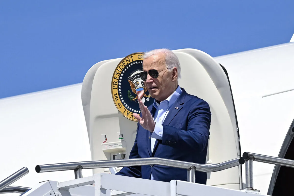 President Joe Biden  arrives at Wilkes-Barre Scranton International Airport in Avoca, Pa., on April 16, 2024. (Andrew Caballero-Reynolds/AFP via Getty Images)