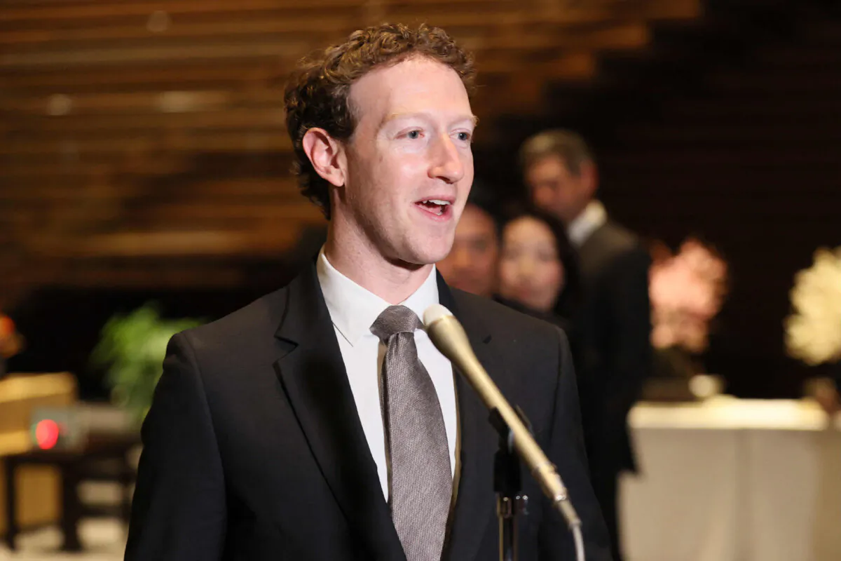Mark Zuckerberg, head of U.S. tech giant Meta, speaking to reporters at the Japanese prime minister's office during his visit to Tokyo on Feb. 27, 2024. (JIJI Press/AFP via Getty Images)