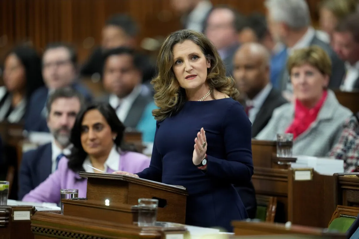 Finance Minister Chrystia Freeland rises to present the federal budget in the House of Commons in Ottawa on April 16, 2024. (The Canadian Press/Adrian Wyld)