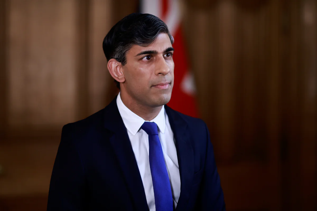 Prime Minister Rishi Sunak records a statement inside 10 Downing Street after Iran launched an unprecedented attack on Israel that saw RAF jets deployed to shoot down drones from Tehran in London on April 14, 2024. (Benjamin Cremel /PA Wire)