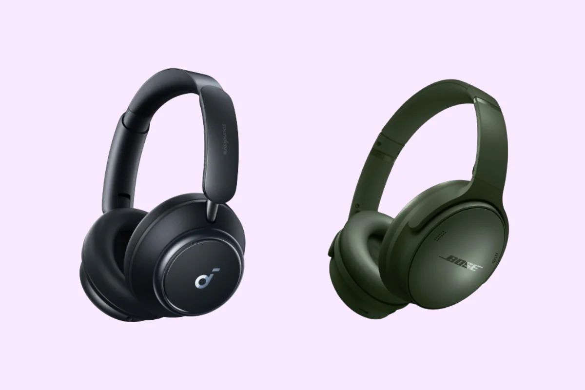 (Left) Soundcore Anker Space Noise Cancelling Headphones (Right) Bose QuietComfort Wireless Noise Cancelling Headphones (Illustration by The Epoch Times, Amazon)