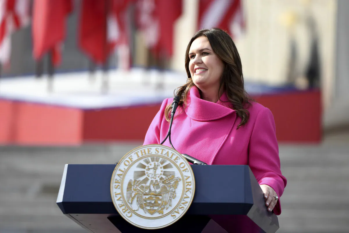 Gov. Sarah Huckabee Sanders speaks after taking the oath of office in Little Rock, Arkansas, on Jan. 10, 2023. (AP Photo/Will Newton)