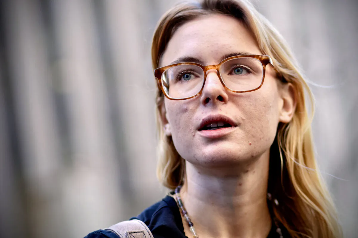 Kara McGee an excused juror, speaks to the media outside Manhattan Criminal Court in New York City on April 16, 2024, during the second day of the trial against former President Donald Trump for allegedly covering up hush money payments linked to extramarital affairs. (Kena Betancur/AFP via Getty Images)