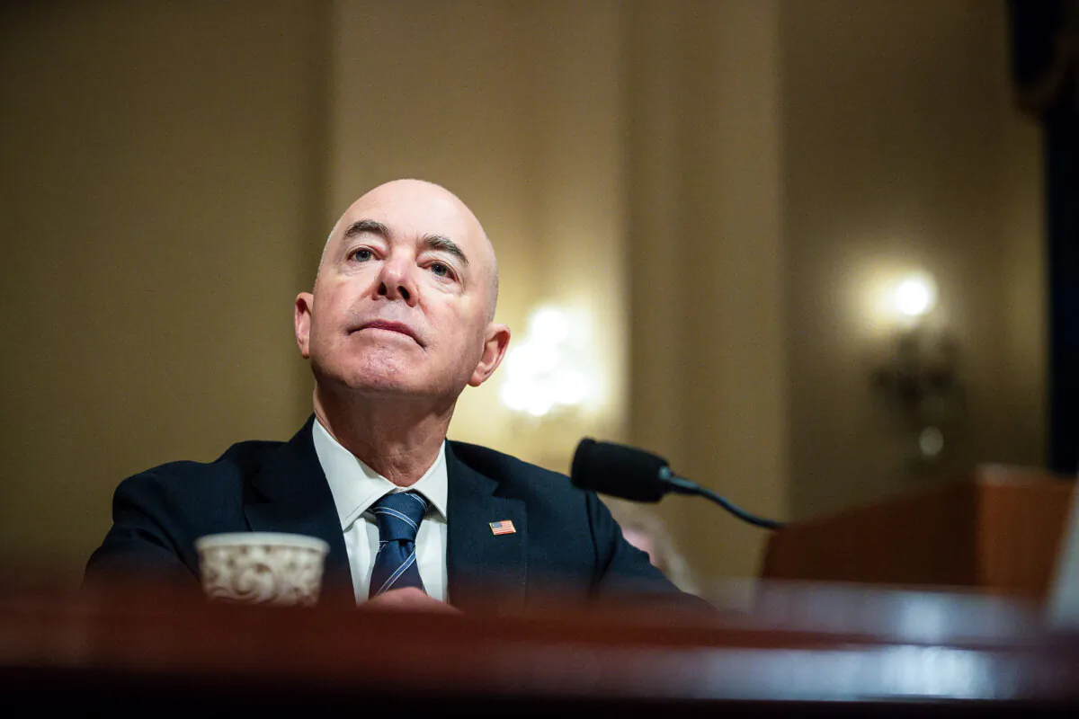 Secretary of Homeland Security Alejandro Mayorkas testifies before the House Homeland Security Committee on the fiscal year 2025 budget in Washington on April 16, 2024. (Allison Bailey/Middle East Images/AFP via Getty Images)