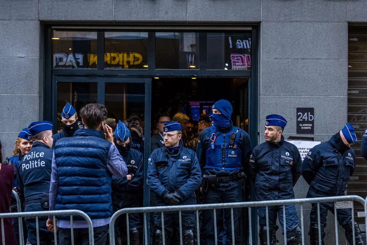 Belgian police seal off the entrance to the venue, not allowing anyone to enter on Day 1 of the National Conservatism Conference at the Claridge in Brussels, Belgium, on April 16, 2024. (Omar Havana/Getty Images)