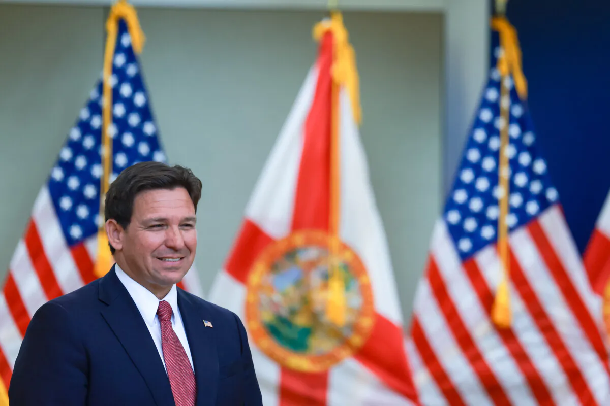 Florida Gov. Ron DeSantis speaks about a toll highway relief program during a press conference held at the Greater Miami Expressway Agency in Miami on April 1, 2024. (Joe Raedle/Getty Images)