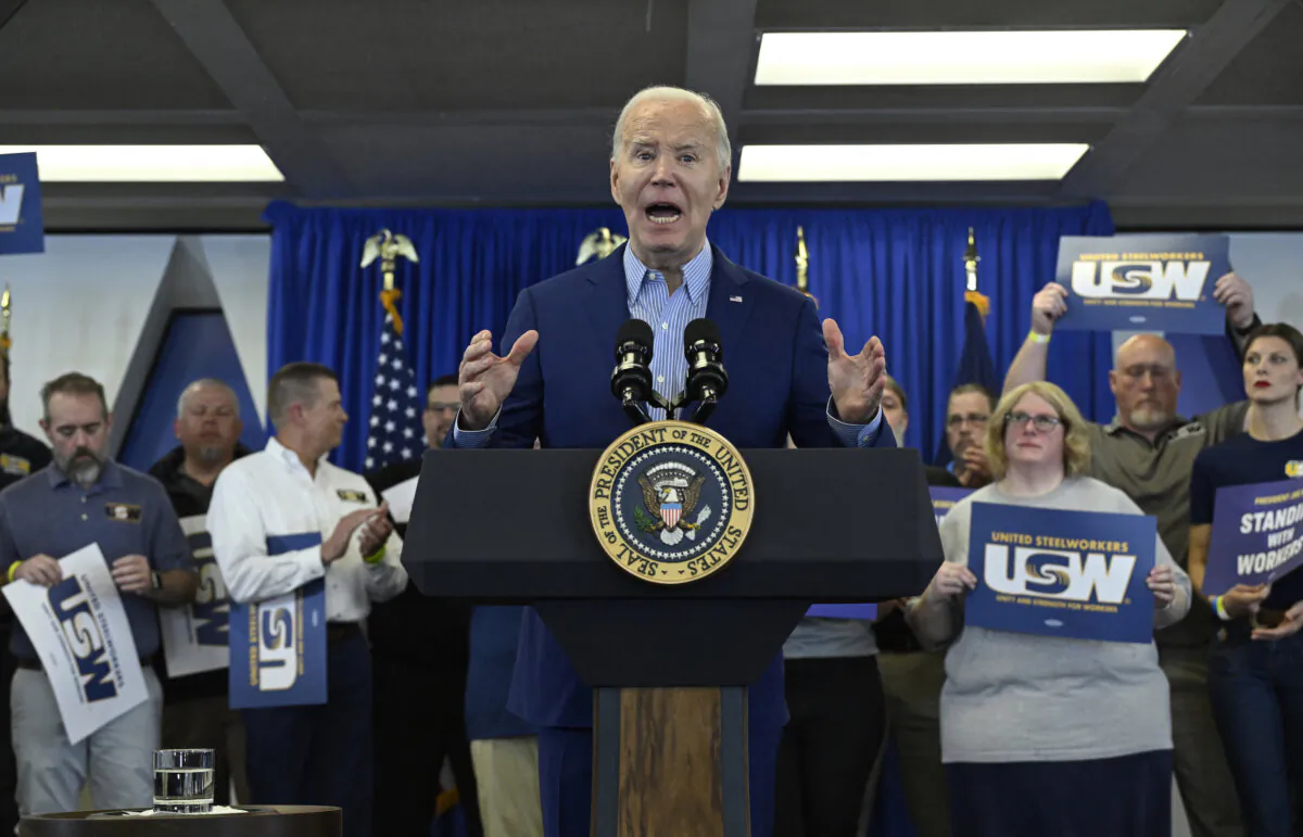 President Joe Biden speaks during an event at the United Steelworkers Headquarters in Pittsburgh on April 17, 2024. (Andrew Caballero-Reynolds / AFP)