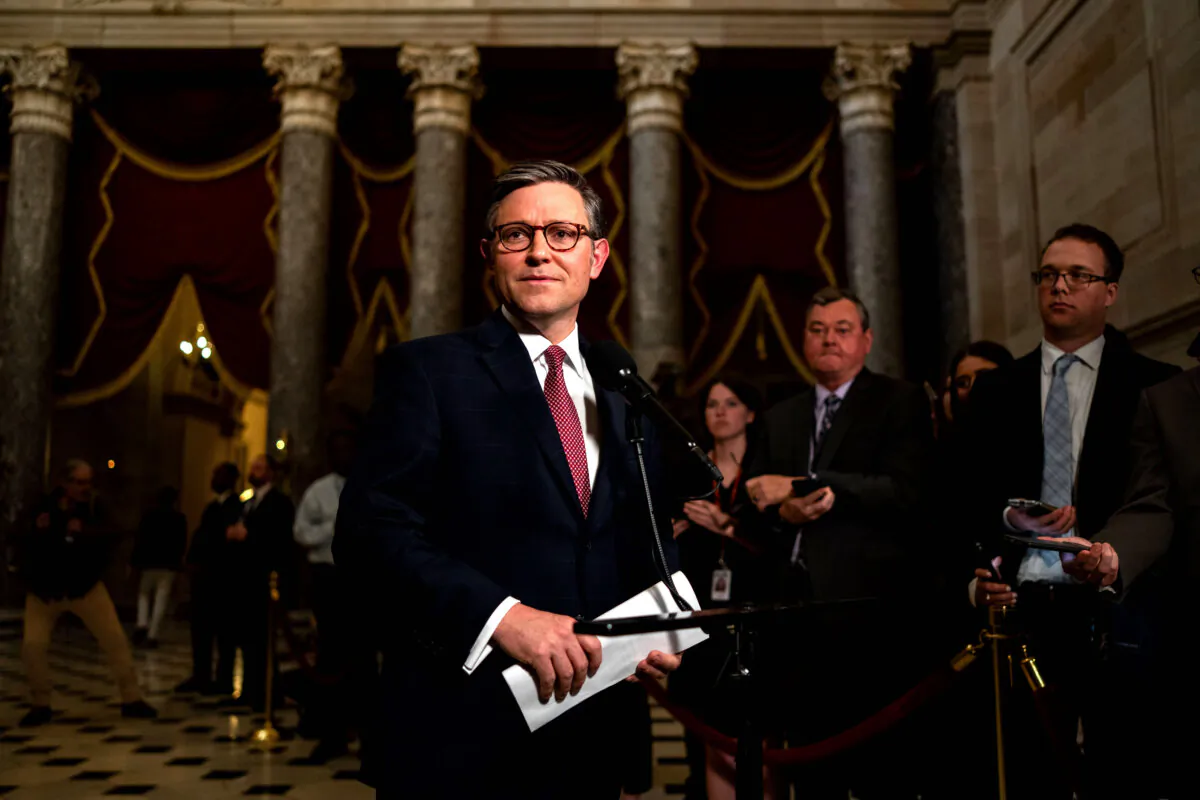 House Speaker Mike Johnson (R-La.) speaks during a news conference in National Statuary Hall at the U.S. Capitol in Washington on April 17, 2024. (Kent Nishimura/Getty Images)