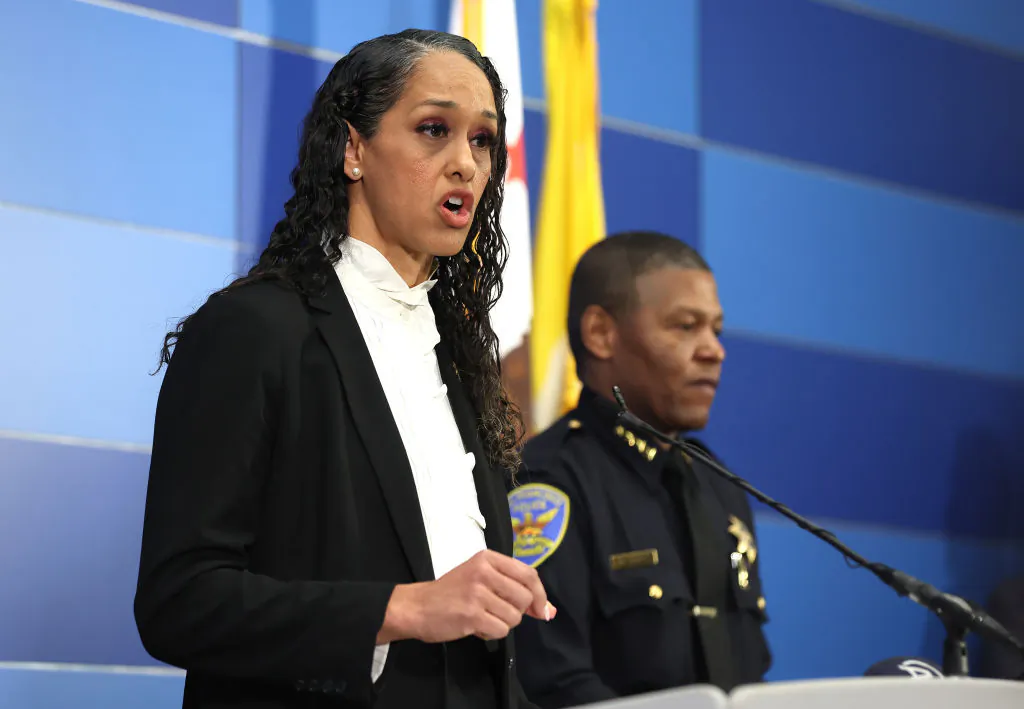 San Francisco district attorney Brooke Jenkins (L) speaks as San Francisco police chief William Scott looks on during a press conference at San Francisco Police headquarters in San Francisco on April 13, 2023. (Justin Sullivan/Getty Images)