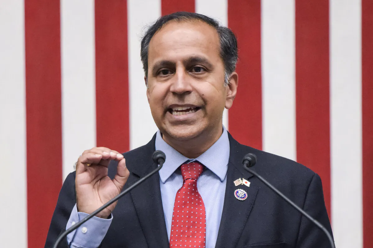 U.S. Rep. Raja Krishnamoorthi (D-Ill.) speaks during a press conference at the US Embassy in Tokyo on Aug. 5, 2022. (Richard A. Brooks/Afp/AFP via Getty Images)