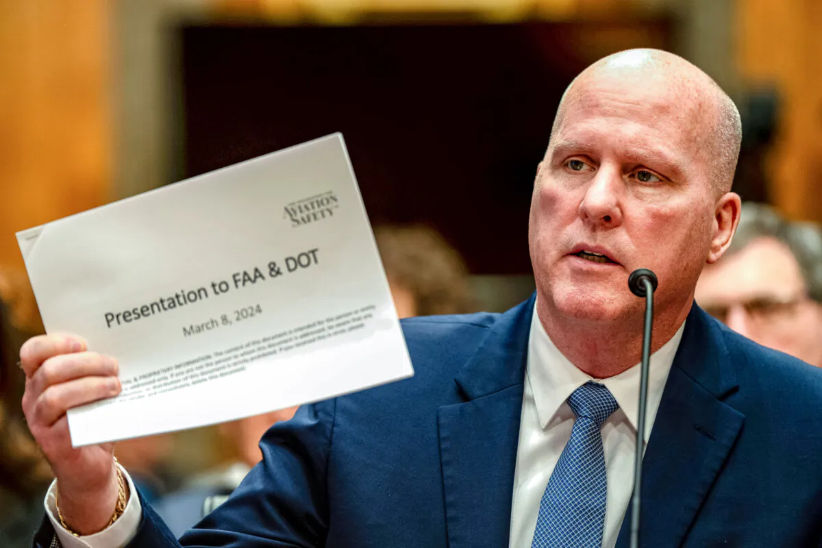 Witness Ed Pierson, executive director, The Foundation for Aviation Safety testifies during a Senate Homeland Security and Governmental Affairs subcommittee on Investigations hearing titled “Boeing's broken safety culture, focusing on firsthand accounts” at the U.S. Capitol in Washington on April 17, 2024. (Kent Nishimura/Getty Images)