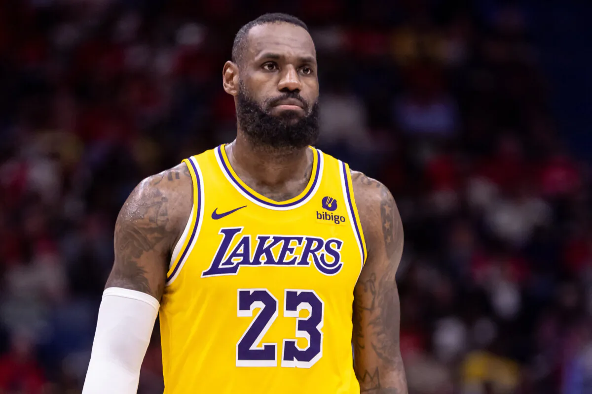 LeBron James of the Los Angeles Lakers looks on against the New Orleans Pelicans during an NBA play-in game in New Orleans on April 16, 2024. (Stephen Lew/USA TODAY via Reuters)