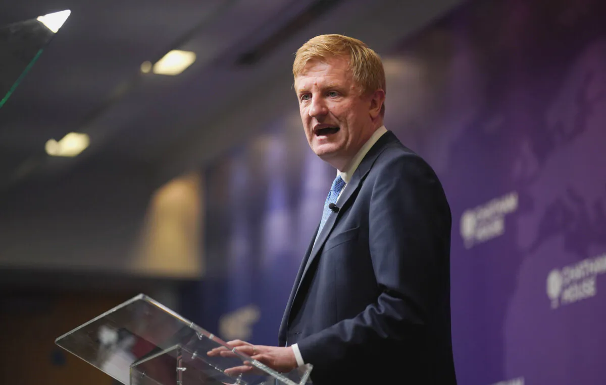 Deputy Prime Minister Oliver Dowden outlines the government's approach to balancing economic security while welcoming foreign investment, during a speech at Chatham House, London, on April 18, 2024. (Yui Mok/PA Wire)