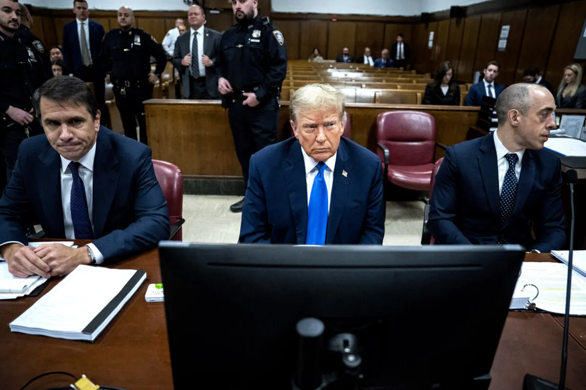 Former President Donald Trump attends his trial for allegedly covering up hush money payments linked to extramarital affairs, at Manhattan Criminal Court in New York City on April 18, 2024. (Jabin Botsford/Pool/AFP via Getty Images)