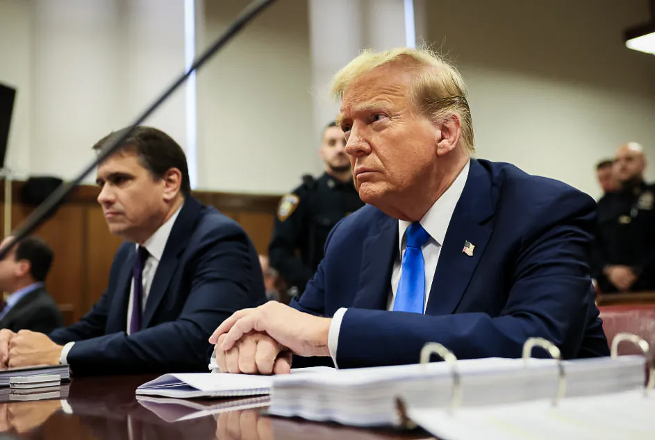 Former President Donald Trump and his attorney Todd Blanche attend his criminal trial as jury selection continues at Manhattan Criminal Court on April 18, 2024 in New York City. (Brendan McDermid-Pool/Getty Images)