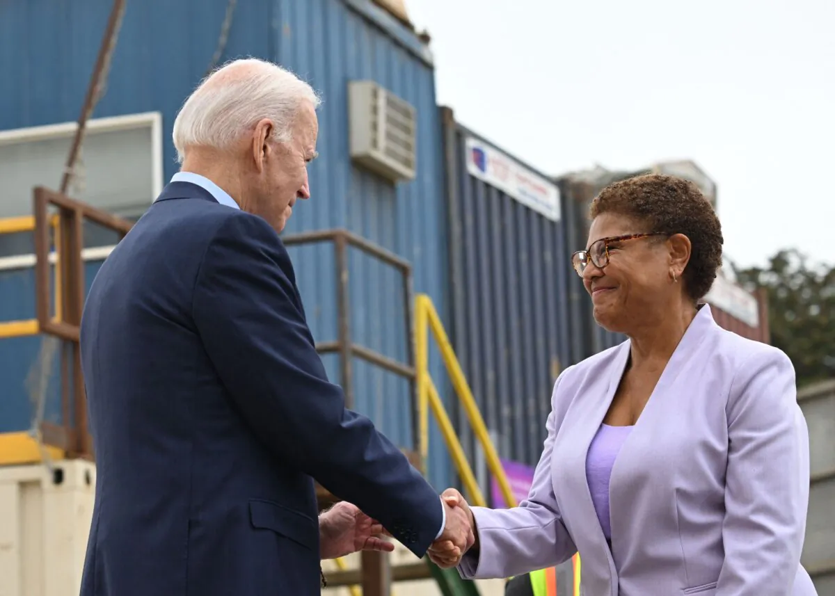 Then Rep. Karen Bass, current Los Angeles mayor, shakes hands with President Joe Biden before he speaks about the Bipartisan Infrastructure Law in Los Angeles on October 13, 2022. (Saul Loeb/AFP via Getty Images)