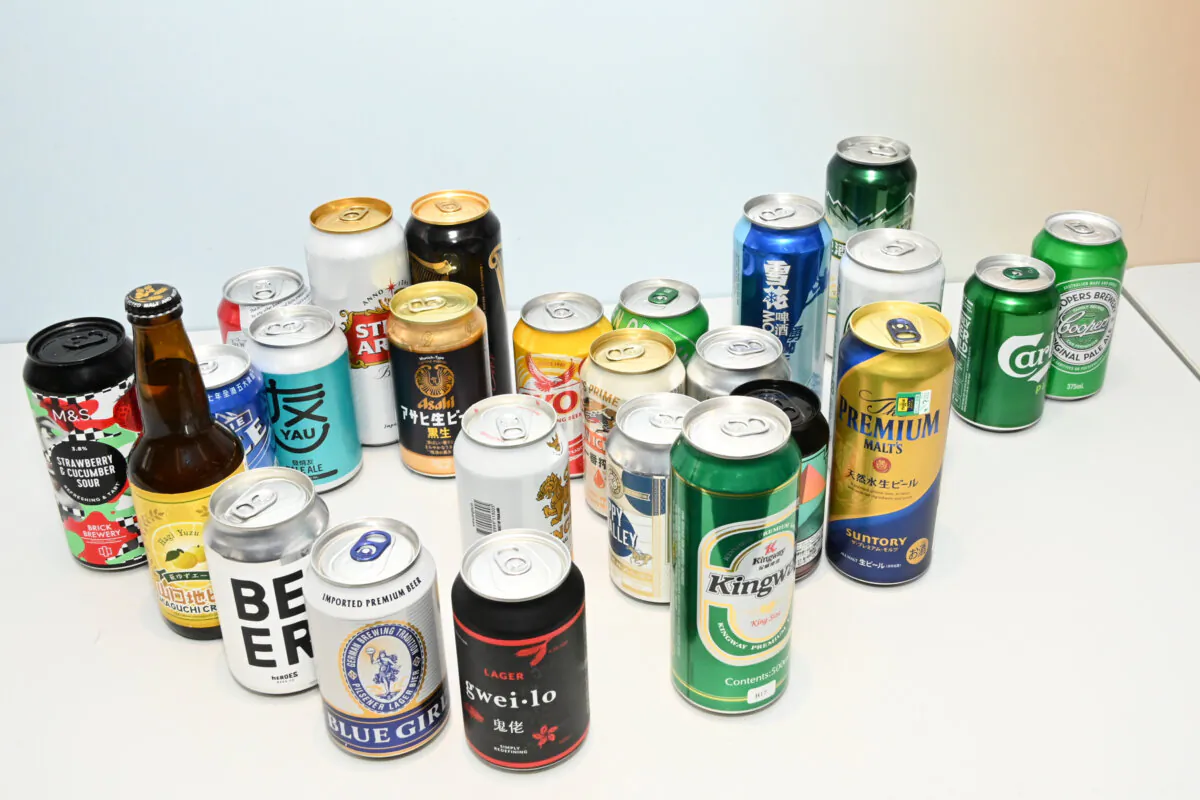 Beer samples displayed at Hog Kong's Consumer Council Press Conference on April 15, 2024. (Bill Cox/The Epoch Times)