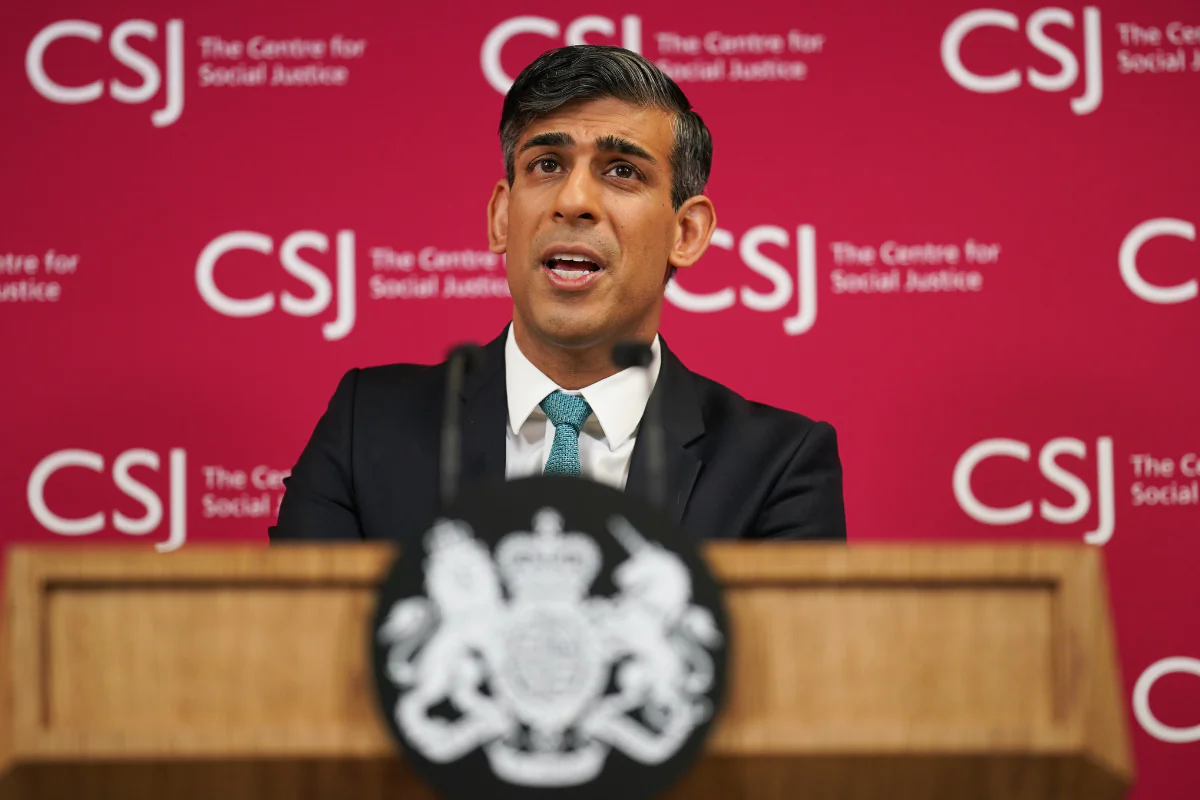 Prime Minister Rishi Sunak giving his speech on welfare reform, where he called for an end to the "sick note culture" and warned against "over-medicalising the everyday challenges and worries of life," in central London on April 19, 2024. (Yui Mok/PA Wire)
