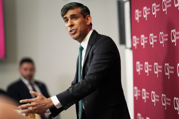 Prime Minister Rishi Sunak giving his speech on welfare reform, where he called for an end to the "sick note culture" and warned against "over-medicalising the everyday challenges and worries of life," in central London on Friday April 19, 2024. (Yui Mok/PA Wire)