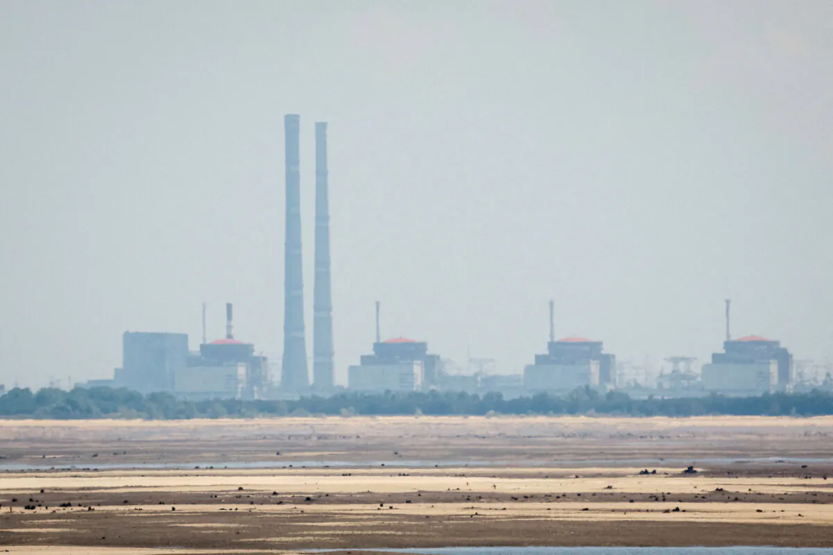 A view of the Zaporizhzhia Nuclear Power Plant from the bank of Kakhovka Reservoir near the town of Nikopol in Ukraine on June 16, 2023. (Alina Smutko/Reuters)