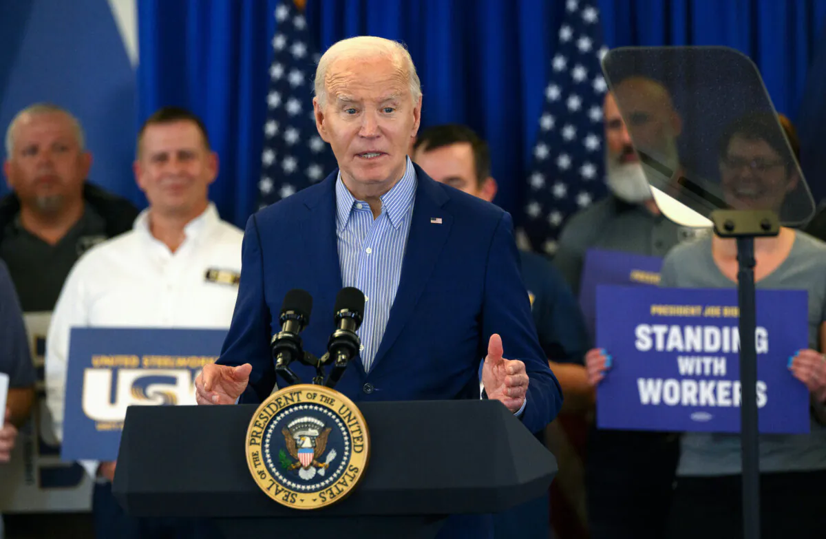 President Joe Biden speaks to members of the United Steel Workers Union at the United Steel Workers Headquarters in Pittsburgh, Pa., on April 17, 2024. (Jeff Swensen/Getty Images)