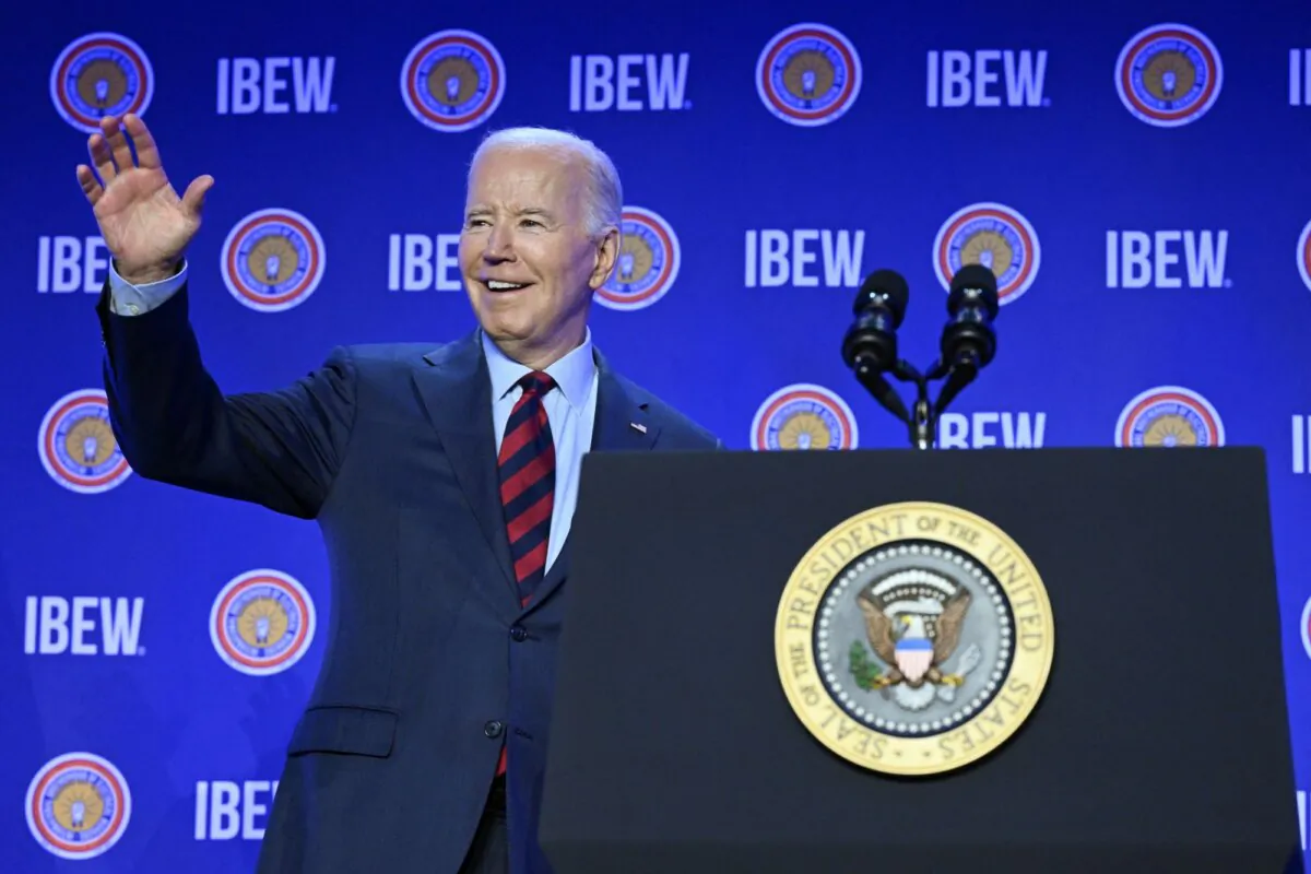 President Joe Biden arrives to speak at the International Brotherhood of Electrical Workers (IBEW) Construction and Maintenance Conference in Washington on April 19, 2024. (Mandel Ngan/AFP via Getty Images)