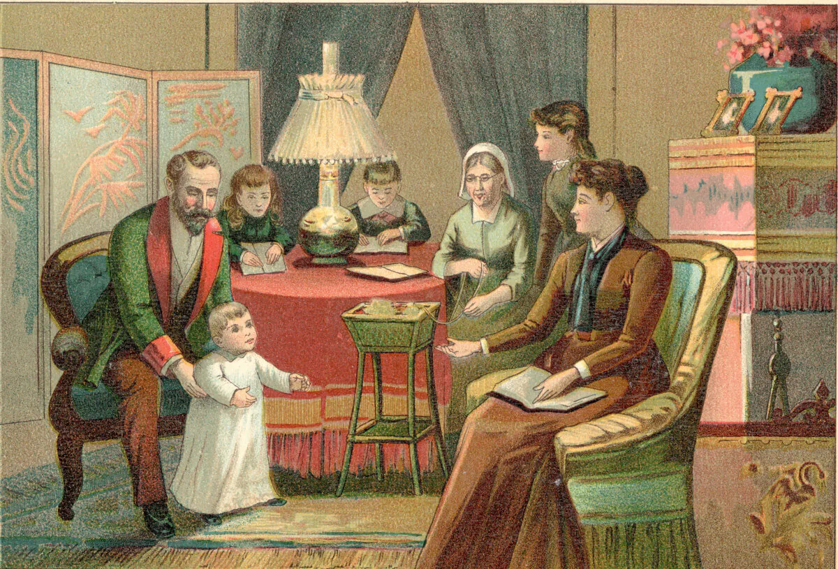 An infant, with help from his father, walks across the floor towards his mother while his brothers and sisters watch, mid 1800s. (Kean Collection/Getty Images)