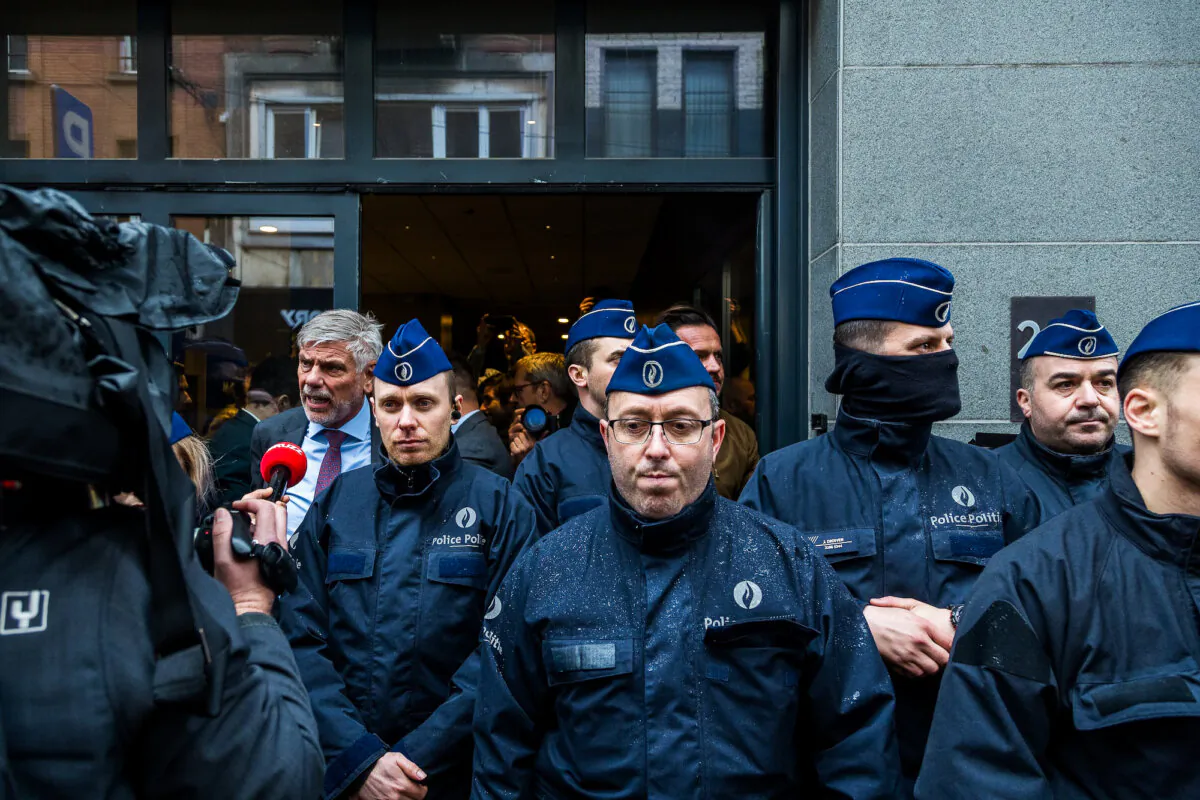 Belgian police seal off the entrance to the venue, not allowing anyone to enter on Day 1 of The National Conservatism Conference at the Claridge in Brussels on April 16, 2024. (Omar Havana/Getty Images)