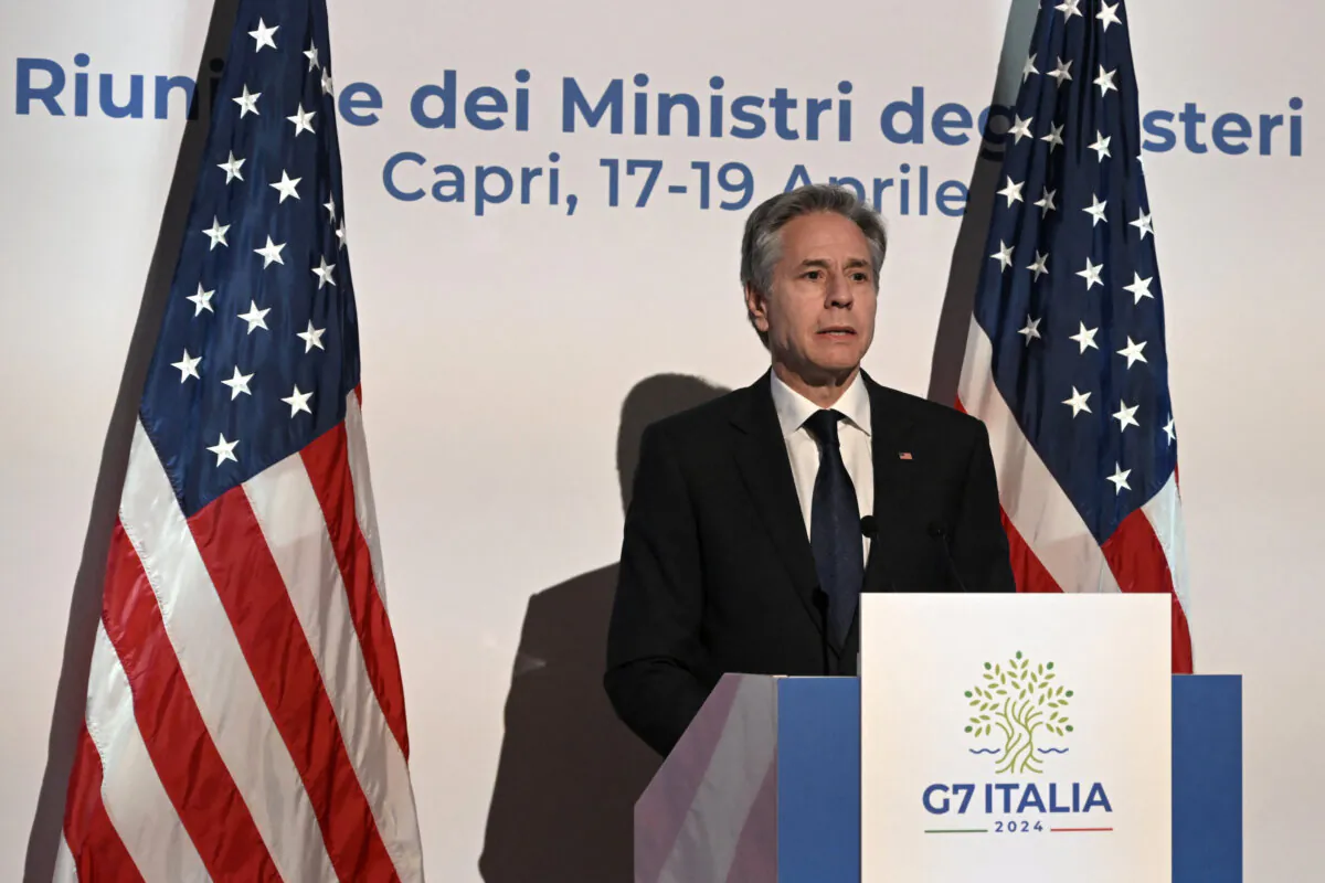 U.S. Secretary of State Antony Blinken gives a press conference on the last day of the G7 foreign ministers meeting on the small island of Capri on April 19, 2024. (Tiziana FABI / AFP)