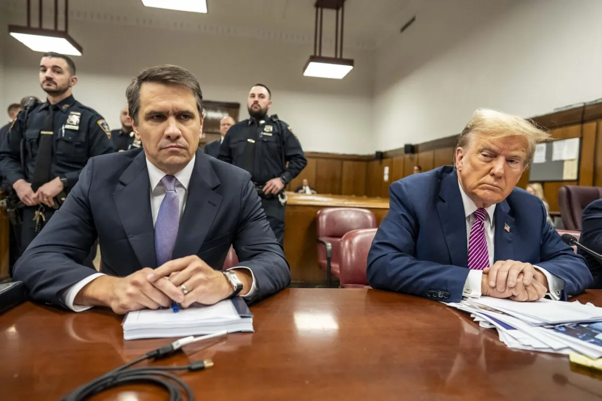 Former President Donald Trump (R) sits with his attorney Todd Blanche during his criminal trial as jury selection continues at Manhattan Criminal Court in New York City on April 19, 2024. (Mark Peterson/Pool via Getty Images)