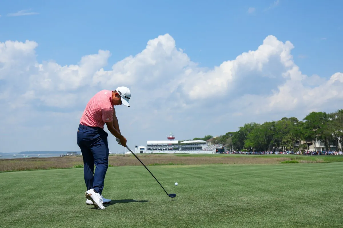 Collin Morikawa hits a tee shot on the 18th hole during the second round of the RBC Heritage at Harbour Town Golf Links in Hilton Head Island, So. Caro., on April 19, 2024 (Andrew Redington/Getty Images)